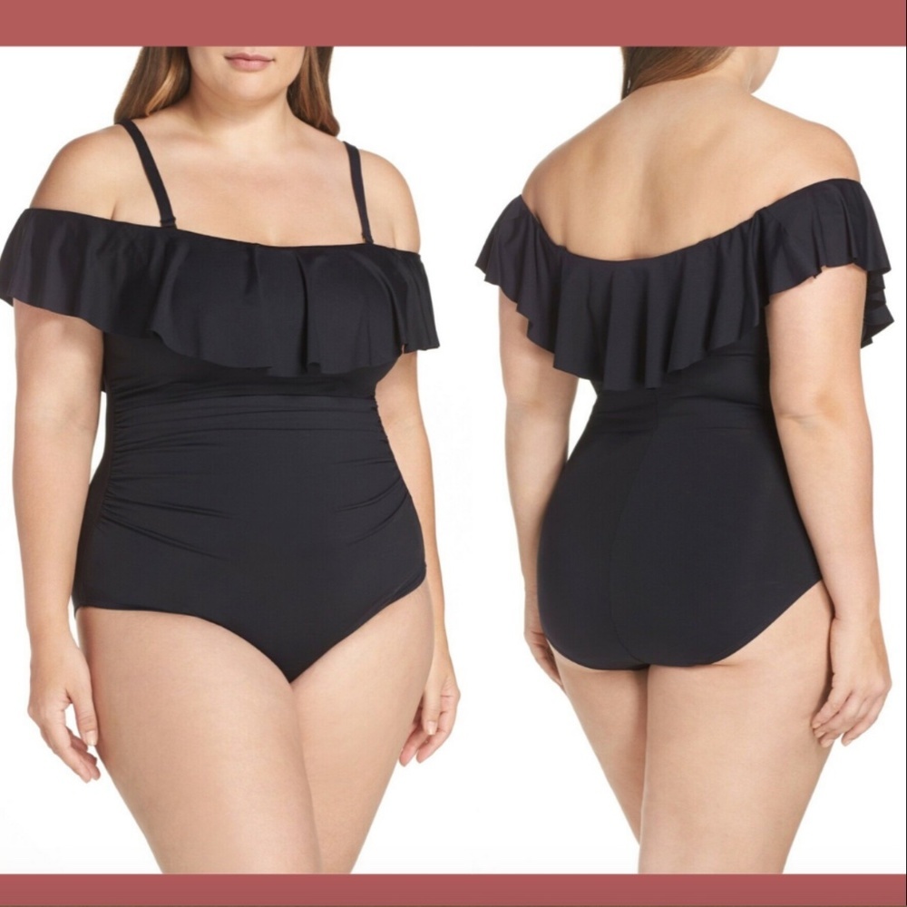 NEW $133 La Blanca‎ Off the Shoulder One-Piece Swimsuit Black [PLUS 20W ]